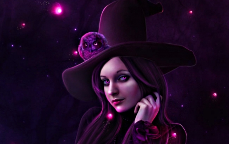 Witch - hat, black, fantasy, bird, witch, halloween, sorceress, art, purple, dark, pink, amethyst eyes, owl