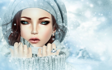 Beauty in a winter day - hat, winter, blue, girl, white, digital, woman, rendering, face, art