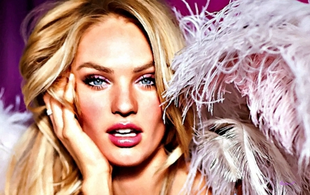 Candice Swanepoel (oil painting) - by cehenot, girl, blonde, oil painting, beauty, angel, pink, white, purple, woman, model, wings, Candice Swanepoel, feathers, blue eyes