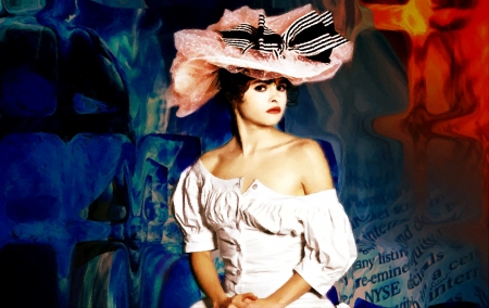 Helena Bonham Carter (oil painting) - woman, actress, hat, girl, black, oil painting, white, art, bow, pink, red, blue, by cehenot, helena bonham carter