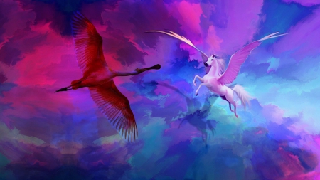 PEGASUS And Majestic SPOONBILL - sky, horse, pink, blue, photoshop, wings, bird