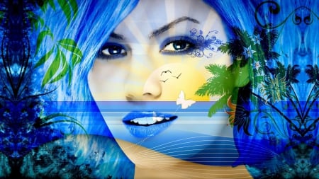 SUNSET Blue Smile - Island, Photoshop, Summer, Holidays, Sun, Vector, Blue