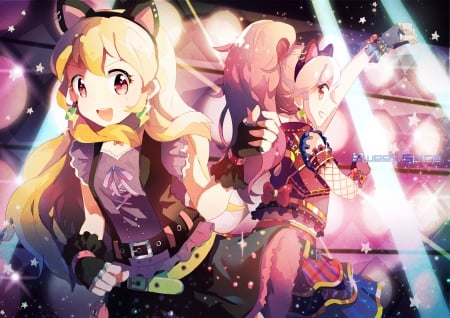 Let's Rock! - pretty, ponytail, female, beautfiul, light, pink eyes, friends, nice, anime girls, smiule, lights, cute, neko girl, song, anime, animal ears, long hair, aniem girl, music, beauties, orange eye, pink hair, game, skirt, bff, beautiful, band, singer, blush, blonde hair, cool, sweet, smile, awesome, banr, gloves