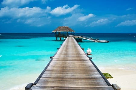 â™¥Tropical Paradiseâ™¥ - vacation, sunshine, beach, pier, hat, bungalo, sea