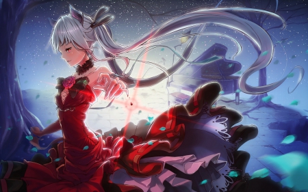 Bloody game! - blood, anime, magic, female, animal ears, dress, light, long hair, stars, white hair, leaves, music, ribbon, darj, nice, sky, piano, anime girl, twintails, beautiful, bloody game, beauty, sweet, hame, flower, red eyes, smile, instrument, rose, cute, neko girl, fantas