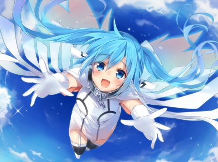 Nymph - cute, beautiful, anime girl, aniem girl, wings, gloves, blue hair, nymph, pretty, cool, beauty, chain, awesome, sweet, anime, sora no otoshimono, dress, sky, long hair, nice, clouds, smile, female, blue eyes, tears, angel