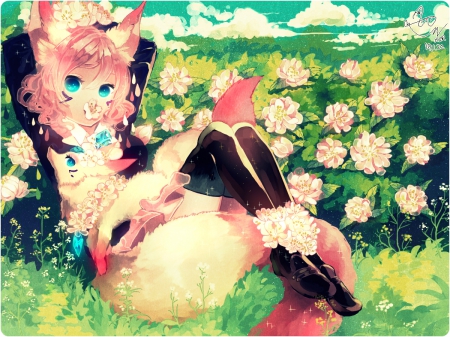 My little fantasy world! - tail, lights, cute, beautiful, anime girl, fantasy, blonde hair, magic, crystal, neko girl, animal, pretty, cool, short hair, beauty, flowers, awesome, sweet, anime, dress, fox, white flowers, nice, animal ears, female, blue eyes