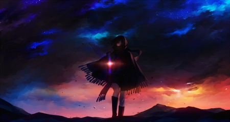 The light! - nice, beauty, femalr, female, magic, darkness, sunset, anime girl, aniem girl, black hair, glowing, pretty, life, cool, dark, lantern, clouds, anime, cute, stars, blue eyes, light, long hair, night, alone, beautiful, sweet, awesome, fantas, lights