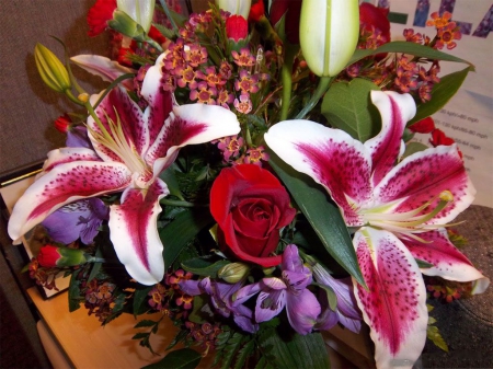 Colorful Flowers - bouquet, blossoms, rose, lillies