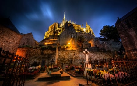 Mont Saint Michel (France) - stairs, france, night, lights, mont saint michel