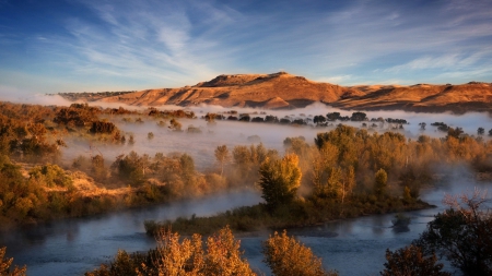 fog covered river landscape - fog, mountain, bushes, river