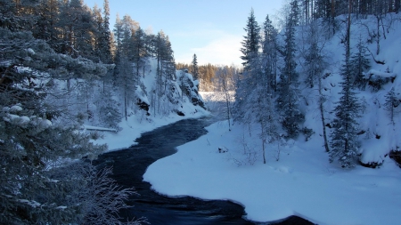 river in winter - ice, forest, hills, river, winter