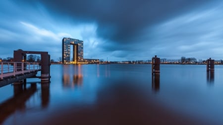 unusual modern building at lakeside in evening - modern, lights, evening, lake, building