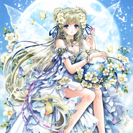 Moon Butterfly - pretty, anime, divine, female, blossom, maiden, dress, blonde, blond hair, long hair, gorgeous, blond, hd, nice, moon, gown, anime girl, beautiful, girl, blonde hair, beauty, lovely, sweet, flower, petals, cg, lady, wings, fairy, angelic, floral