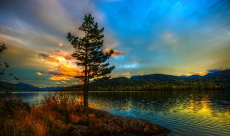 Sunset At The Lake - sky, lake, clouds, beautiful, trees, sunset, hdr, grass