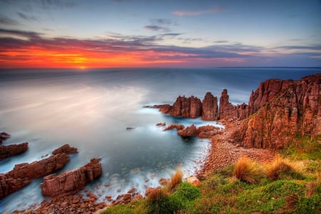 Sunset At The Pinnacles, Australia - clouds, horizon, coastline, beach, beautiful, island, grass, ocean, sunset, cliff, sky, rocks