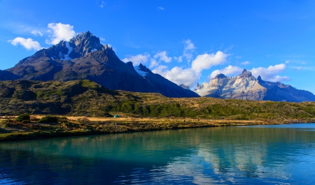 Summer Lake - lake, national park, chile, snowy peaks, mountains, patagonia, blue water, clouds, beautiful