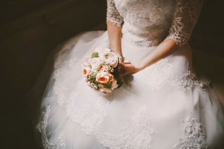 Bouquet of the bride - white dress, roses, soft, wedding bride, bouquet, pastel