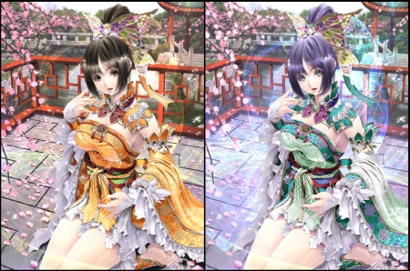 Twins Kingdom - flower, cute, beautiful, hot, anime girl, adorable, twins, girl, double, oriental, cherry blossom, chinese, floral, colorful, japan, pretty, kawaii, beauty, awesome, sweet, sakura, anime, hd, sakura blossom, long hair, petals, collages, nice, lovely, sexy, black hair, japanese