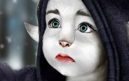 Cute creature - face, white, creature, fantasy, pink, black, green eyes, cat