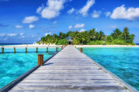 Paradise Island - Island, clouds, palms, water, summer, vacation, beach, sea, island, holidays, ocean, Paradise, isle, nature, SkyPhoenixX1, bridge