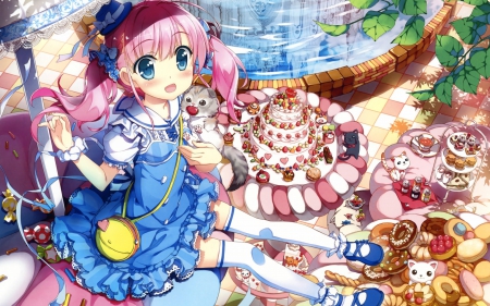 Fujima Takuya - sweets, cat, girl, fujima takuya, cake, pink, blue, anime, dessert, food, cute, dress, manga