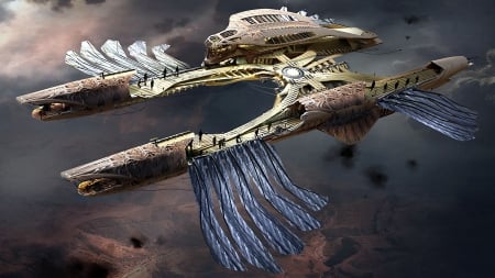 Martian ship flying over Barsoom - barsoom, people, ship, shio, Martian