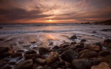 Beach III. - sky, sunshine, beach, photography, sun, water, sunset, coast, rocks, reflection, clouds, dusk, stone, sunlight, landscape, light, wallpaper, summer, waves, hd, abstract, dawn, sunrise, sea