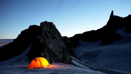 camping in tent on mountain in winter - dawn, winter, light, mountain, tent