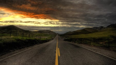 lone highway at sunrise hdr - clouds, highway, hills, hdr, sunrise