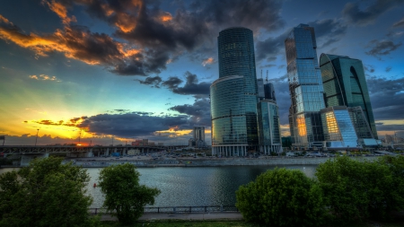 moscow international business center hdr - river, sunset, modern, hdr, city, buildings, bridge