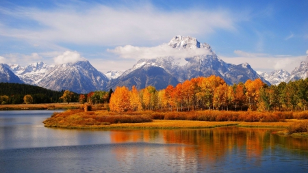 gorgeous river landscape in autumn - landscape, forest, clouds, river, winter, mountains