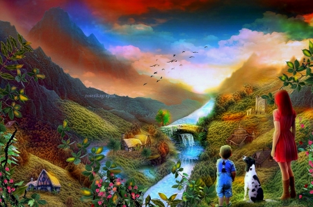 ~View of Contemplation~ - girls, models, cottages, creative pre-made, pretty, children, digital art, dog, rivers, bridges, landscapes, attractions in dreams, mixed media, stunning, lovely, nature, love four seasons, weird things people wear, panoramic view, backgrounds, beautiful, scenery, butterfly designs