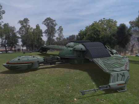 Bird of Prey landing at a sportground - bird of prey, spaceship, sf, sportground, startrek