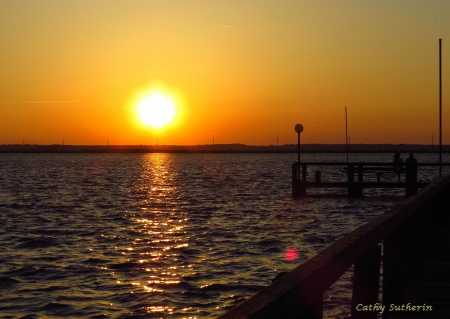 Goldne on the Bay - virginia, sky, sun, water, sunset, bay, nature, pier, clouds