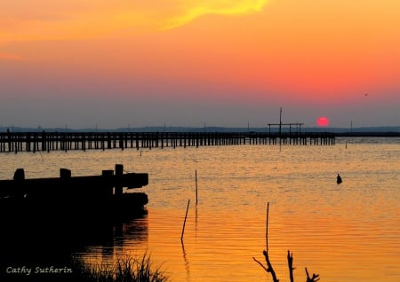 Sunset Near The Pier - clouds, water, marsh, dock, pier, sunse, lake, Virginia, sun, sky