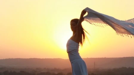 Dancing with the Sun â™¥ - woman, beauty, veil, silhouette, girl, photography, sunset, summer, beautiful, breeze