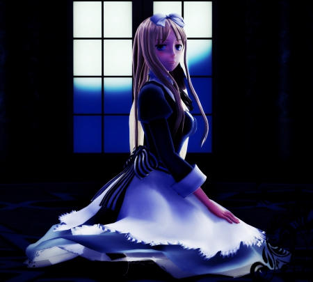 Lonely evening - sitting, girl, long hair, axis powers hetalia, maid ourfit, solo, hetalia, cg, belarus aph, aph, blonde hair, anime, manga