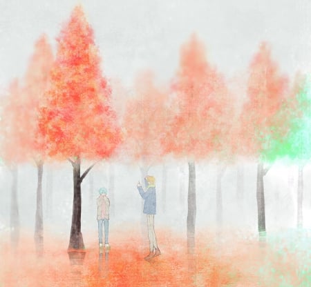 Autumn wet forest - trees, anime, kuroko tetsuya, kise ryouta, kise, wet, kuroko, manga, knb, forsst