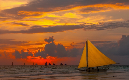 Sailboats in the Sunset - Ocean, Sunset, Sail, Boat