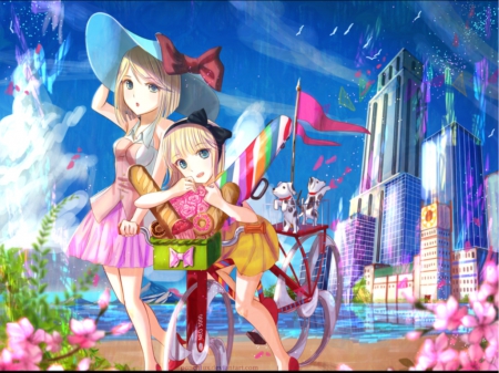 Blue Nostalgia - bike, colorful, great, anime girl, multicolour, blond hair, blonde hair, petals, ribbon, building, adorable, scenic, good, floral, beautiful, sweet, dress, beauty, nice, sky, female, hat, blond, home, gorgeous, pretty, multicolor, cloud, anime, house, cute, short hair, scene, girl, bicycle, gown, lovely, kawaii, town, scenery, city, blossom, awesome, flower, colourful, blonde