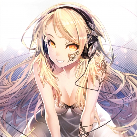 Sound Wave - nice, beauty, female, hot, smiling, blond, anime girl, tattoo, blond hair, gorgeous, pretty, blonde hair, anime, golden, yellow eyes, sexy, girl, long hair, lovely, gold, cg, hd, beautiful, headphones, sweet, smile, blonde