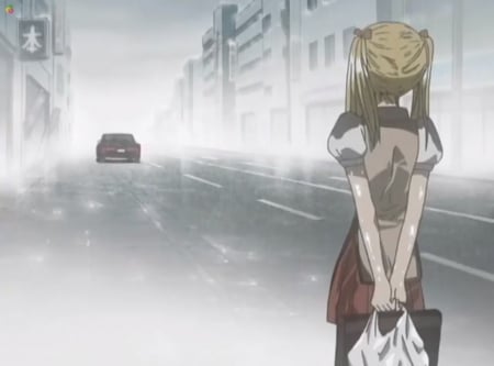 Please Don't Leave Me - anime, twin tail, female, scenery, twintail, school rumble, scene, blonde, blond hair, gloomy, long hair, gloom, car, rain, blond, sorrow, raining, twin tails, anime girl, eri, twintails, girl, road, blonde hair, wet, street, rainy