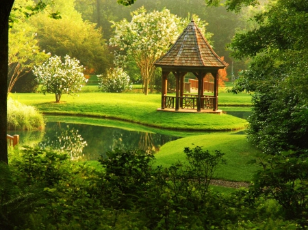 European gazebo - freshness, trees, greenery, gazebo, spring, calm, quiet, reflection, pretty, emerald, green, pond, grass, relax, europa, park, summer, place, lovely, beautiful, rest