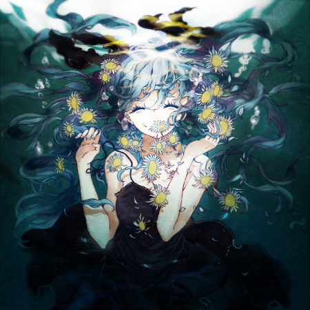 UnderFlower - sundress, magic, anime girl, underwater, petals, hatsune miku, adorable, long hair, aqau hair, vocaloids, flowing, vocaloid, beautiful, sweet, dress, happy, nice, beauty, female, smiling, bubbles, miku hatsune, pretty, anime, miku, girl, flow, lovely, gown, hatsune, kawaii, sublime, blossom, smile, awesome, green hair, float, flower