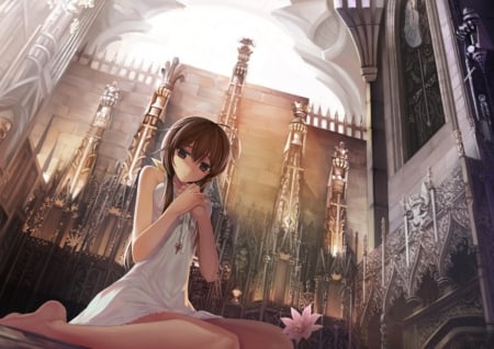 Prayer - flower, gloomy, beautiful, anime girl, sit, girl, sorrow, gloom, fantasy, magic, scenery, gorgeous, emotional, sundress, pretty, beauty, awesome, sweet, brown hair, anime, church, dress, sitting, long hair, building, nice, lovely, scene, sad, female, house, realistic