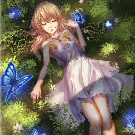 Butterfly Dream - sleeping, sundress, wings, anime girl, laying, blond hair, blonde hair, grass, dreaming, lying, long hair, dream, lay, butterfly, beautiful, sweet, dreamy, dress, nice, realistic, beauty, female, blond, fantasy, pretty, anime, girl, magical, lovely, sleep, awesome, spendid, blonde