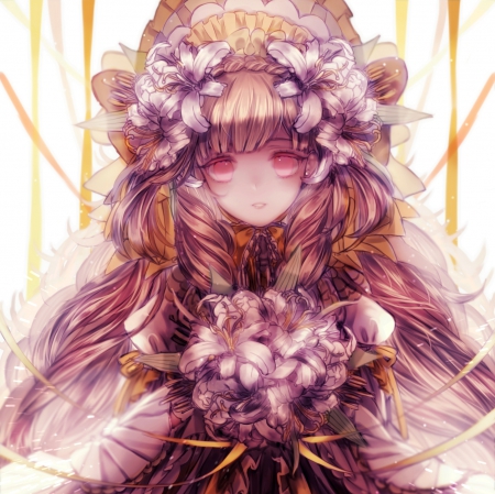 Lily - anime, kawaii, female, lolita, sad, hd, sorrow, loli, anime girl, girl, brown hair, flower, bouquet, cg, longhair, adorable, floral