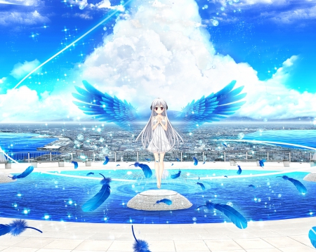 Blue Feathers - anime, magic, female, wing, scenery, scene, angel, hd, sky, anime girl, water, beautiful, girl, scenic, feather, beauty, cg, fantasy, white, blur, wings, cloud