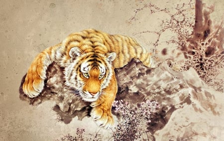 Tiger - animal, painting, art, tiger, wild, stripes